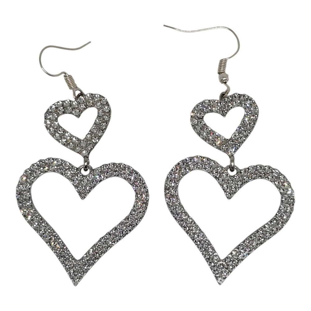 Sparkling Crystal Double Heart Drop Earrings Vintage Style Silver-Tone